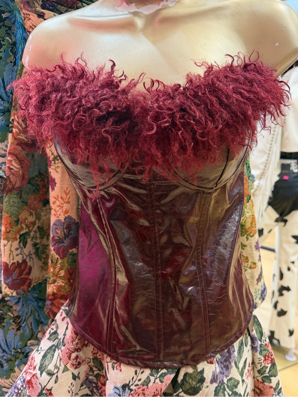 Burgundy Faux Leather Corset Top with Curly Trim